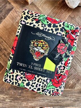 Ed Hardy Leopard & Rebel Rose Twin XL Sheet Set in Red, Green, Cream, Black